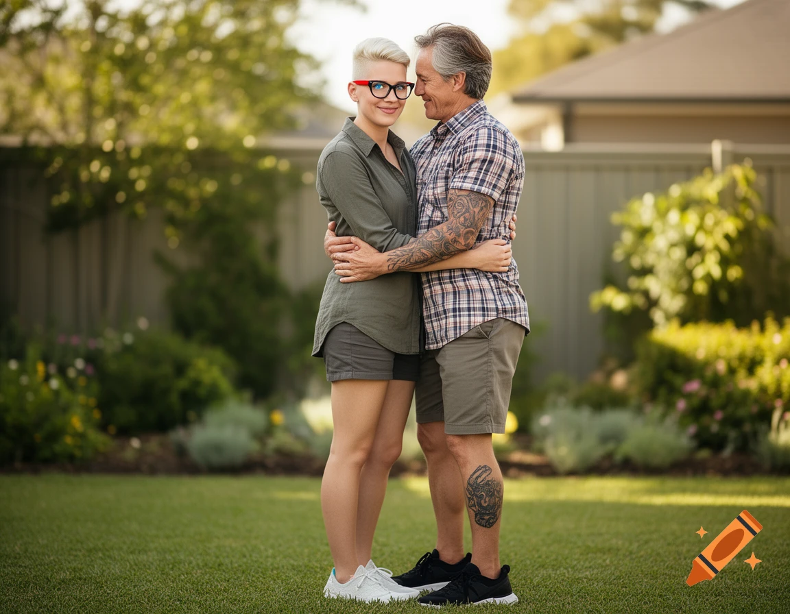 A woman with a blonde pixie cut and red-black glasses hugs a man with graying hair and tattoos in a sunny backyard.