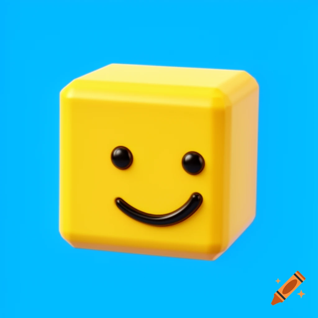 A 3D rendering of a yellow blocky avatar head with black dot eyes and a curved smile, set against a bright blue background.