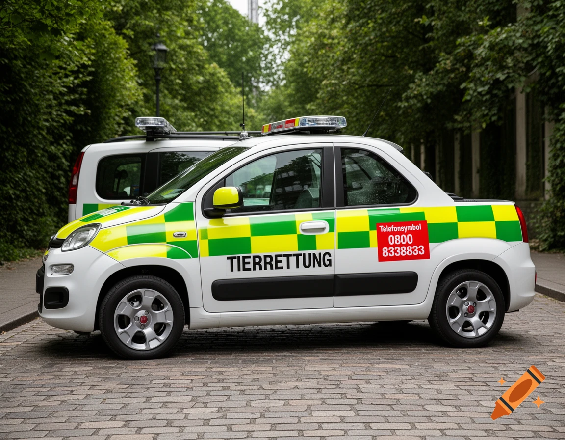 A white Fiat Panda animal rescue vehicle with yellow and green checkerboard markings and 'TIERRETTUNG' text, parked on cobblestones.