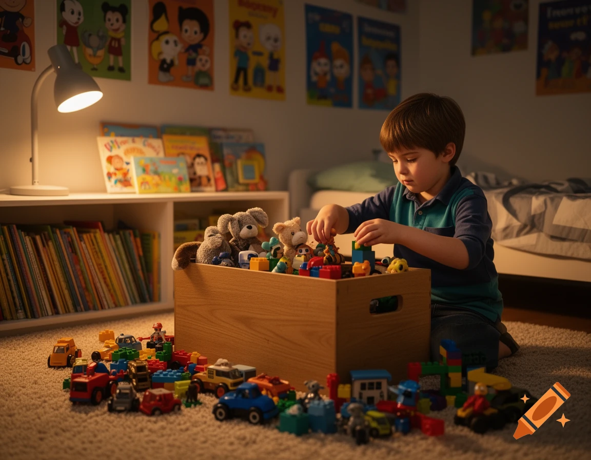 A young boy playing with a large collection of toys and building blocks on a rug in a dimly lit bedroom, with bookshelves and posters in the background.