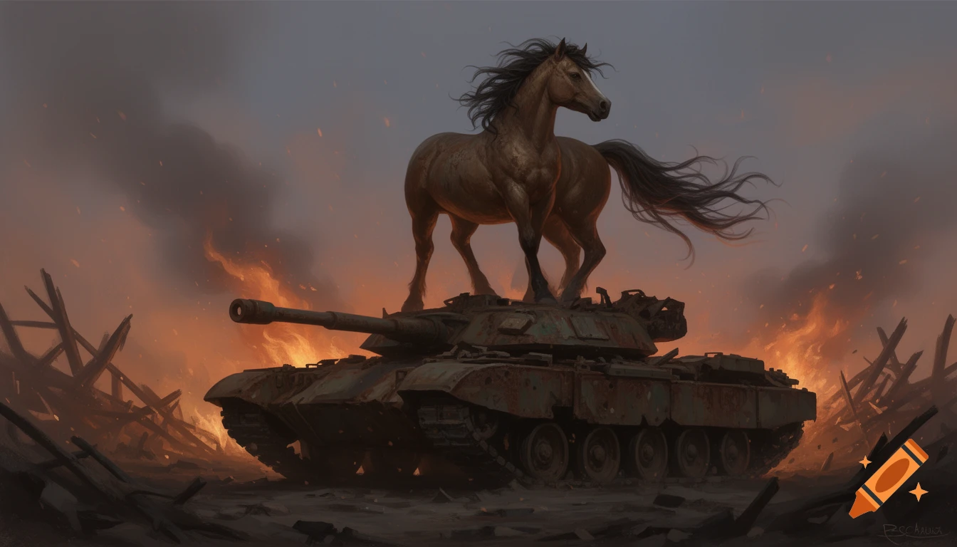 A majestic brown horse stands atop a rusted tank in a fiery, smoky war-torn landscape, rendered in a gritty, painterly style.