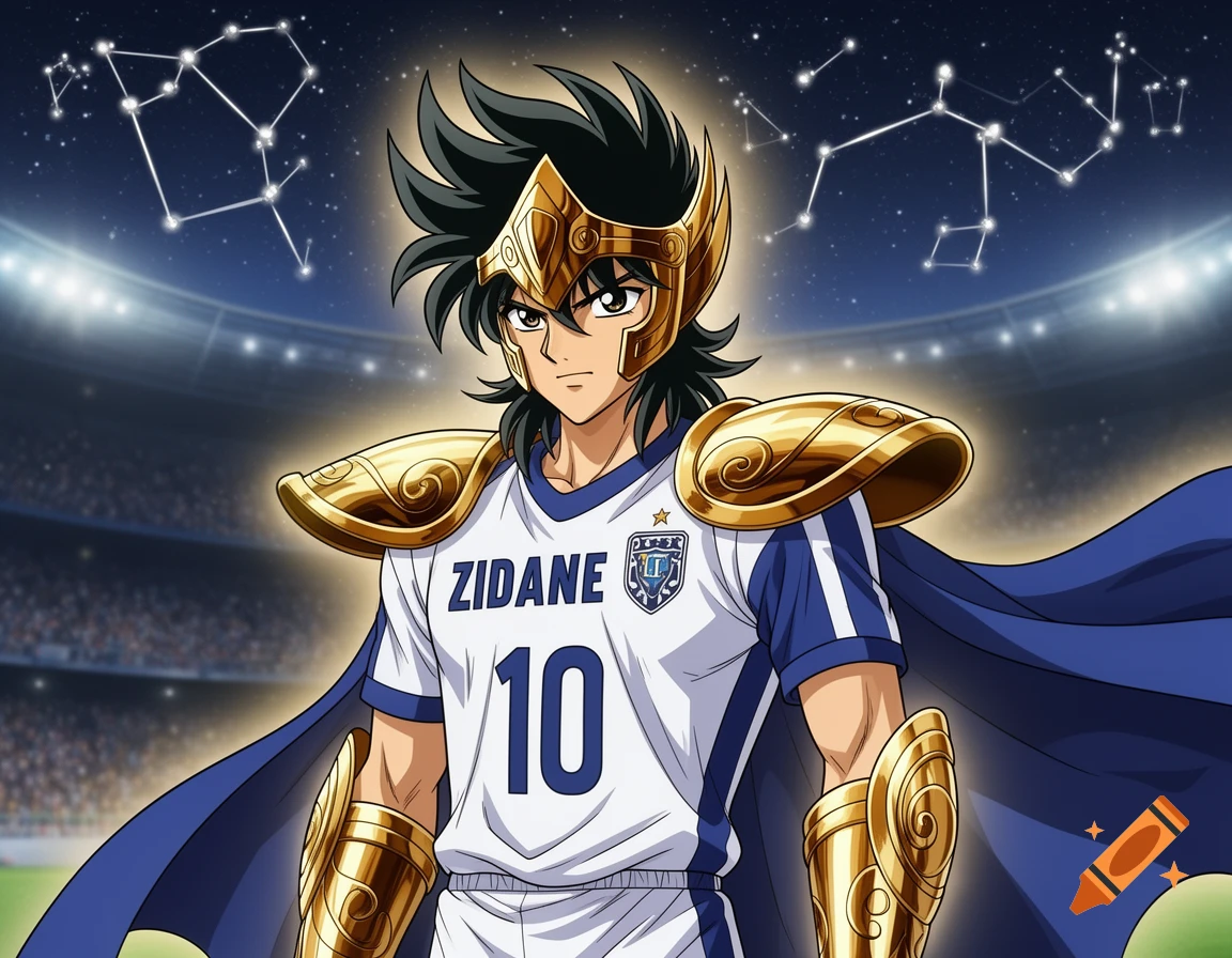 Anime character in golden armor, blue cape, and a white 'ZIDANE 10' soccer jersey in a stadium under a starry sky with constellations.