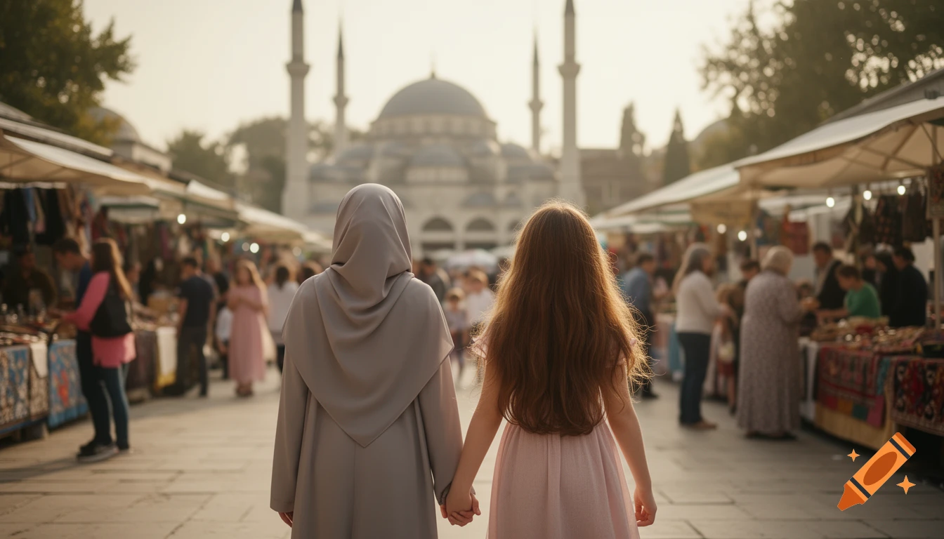 Two figures, one in a hijab and one with long hair, hold hands walking through a sunny market toward a mosque in a photorealistic style.
