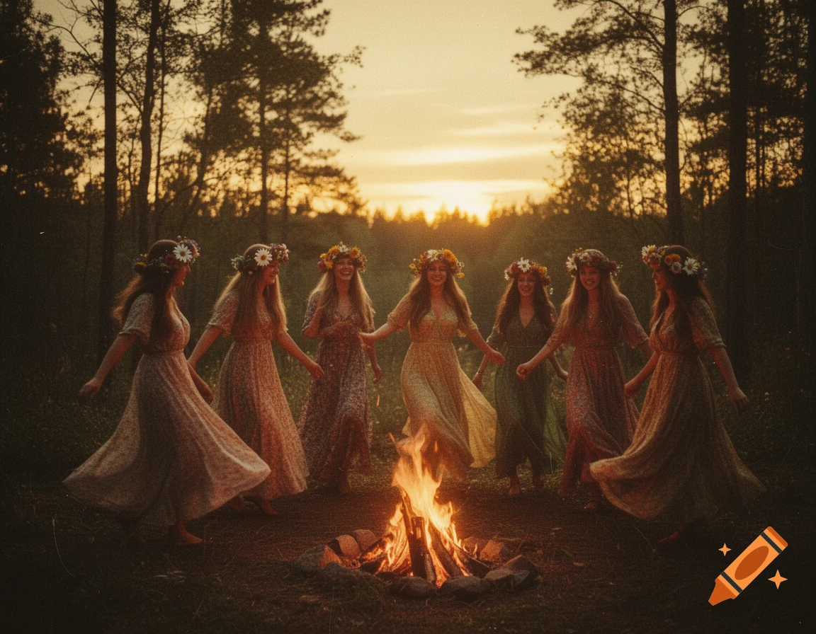 A vintage-style photograph of women in flower crowns dancing around a bonfire in a forest clearing at sunset.