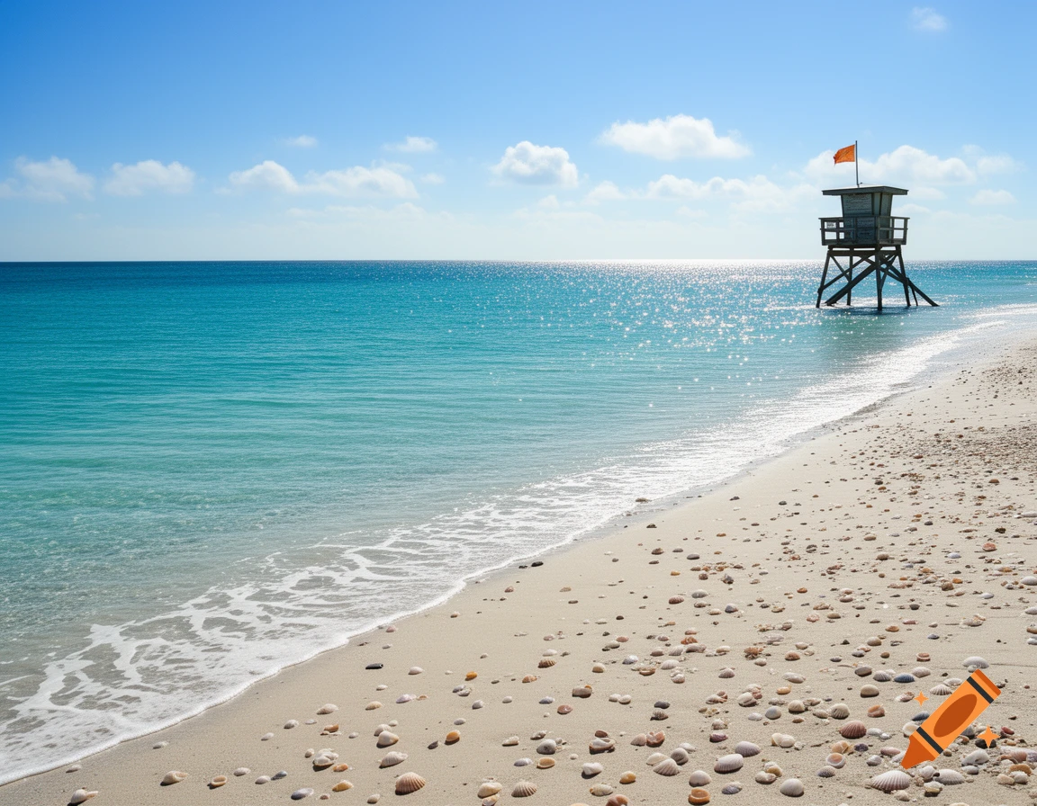 Photorealistic image of a sunny sandy beach with blue ocean waves and a wooden lifeguard stand with an orange flag.