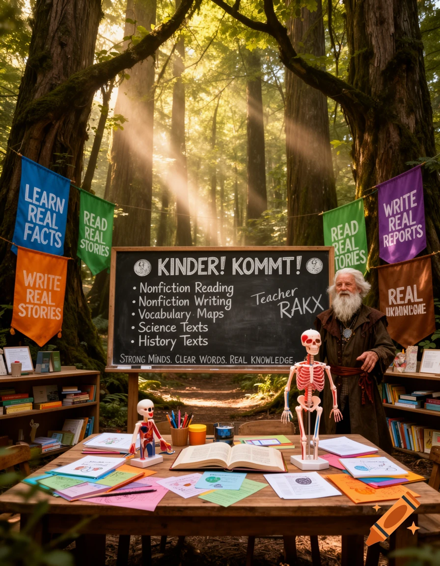 An old man teaches a language arts class in a magical forest setting, with a blackboard, banners, and skeleton models on a wooden table.