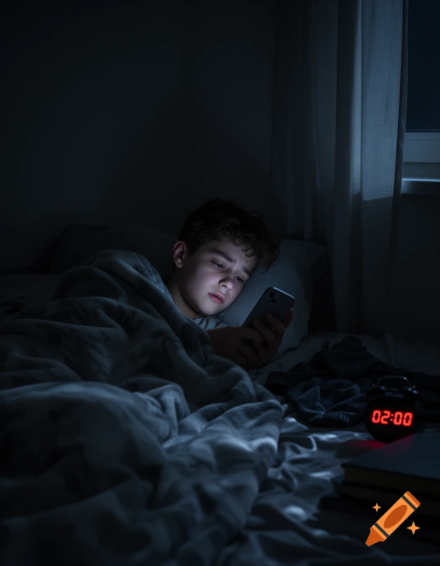 A tired teenager lies in bed at night, illuminated by the light from their smartphone. An alarm clock shows 02:00.