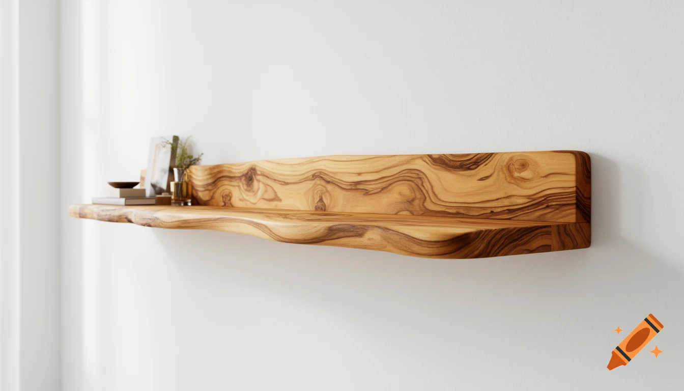 A natural edge olive wood shelf mounted on a white wall, adorned with a small plant, books, and decorative objects.