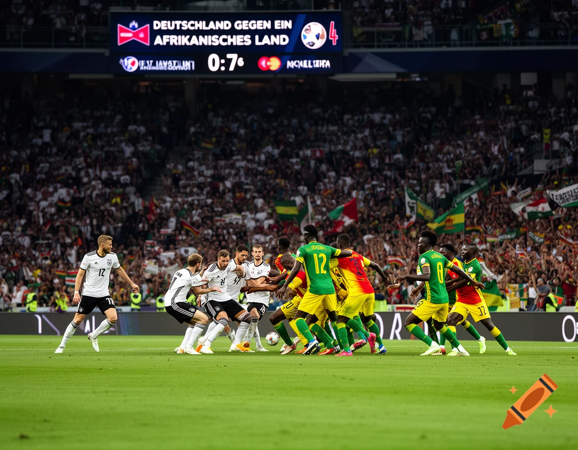 Photorealistic image of a football match between a team in white and a team in green and yellow in a crowded stadium. Scoreboard reads 'DEUTSCHLAND GEGEN EIN AFRIKANISCHES LAND'.