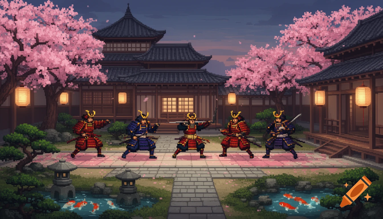 Five pixel art samurai warriors pose in a traditional Japanese garden with cherry blossoms, ponds, and buildings at dusk.