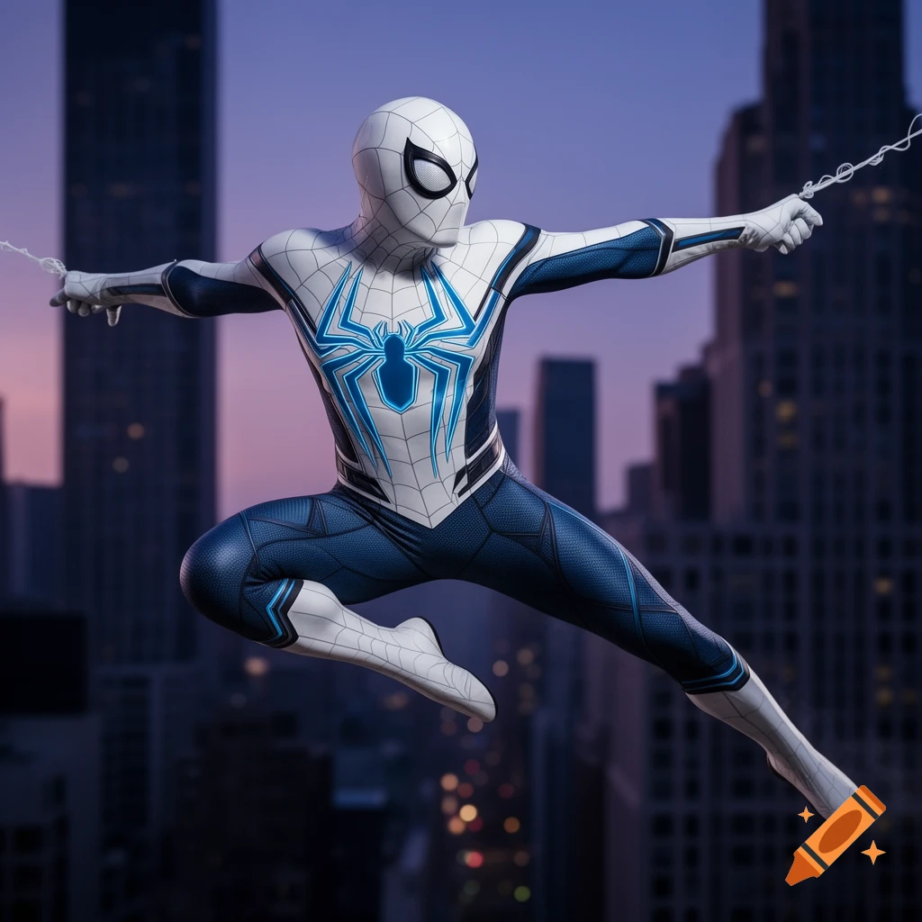 Photorealistic Spider-Man in a white, blue, and black suit with a blue spider emblem, leaping above a city skyline.