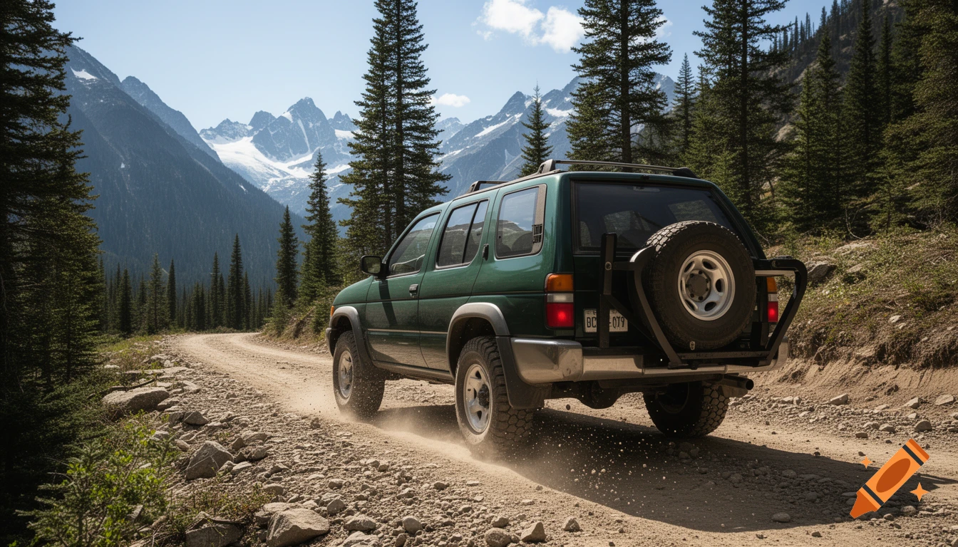 A green 1997 Nissan Pathfinder SUV drives on a dusty off-road trail in the Rocky Mountains, surrounded by pine trees and snow-capped peaks.