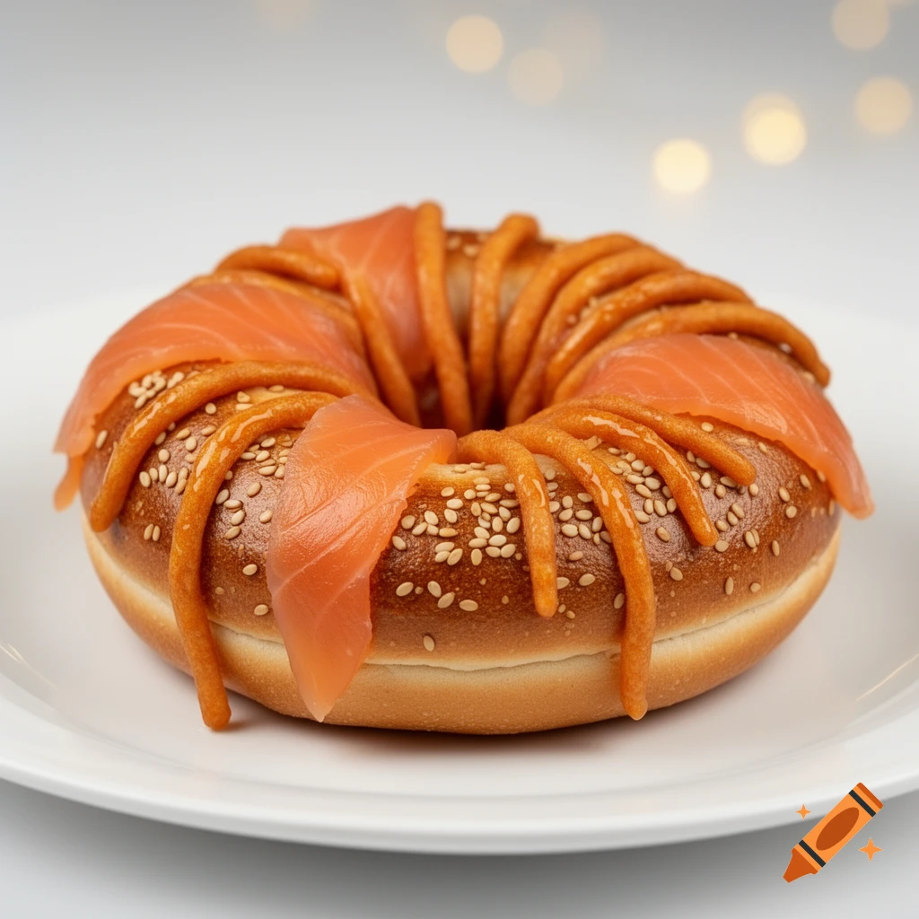 A sesame bagel topped with smoked salmon slices and a savory orange sauce styled like dreadlocks, on a white plate.