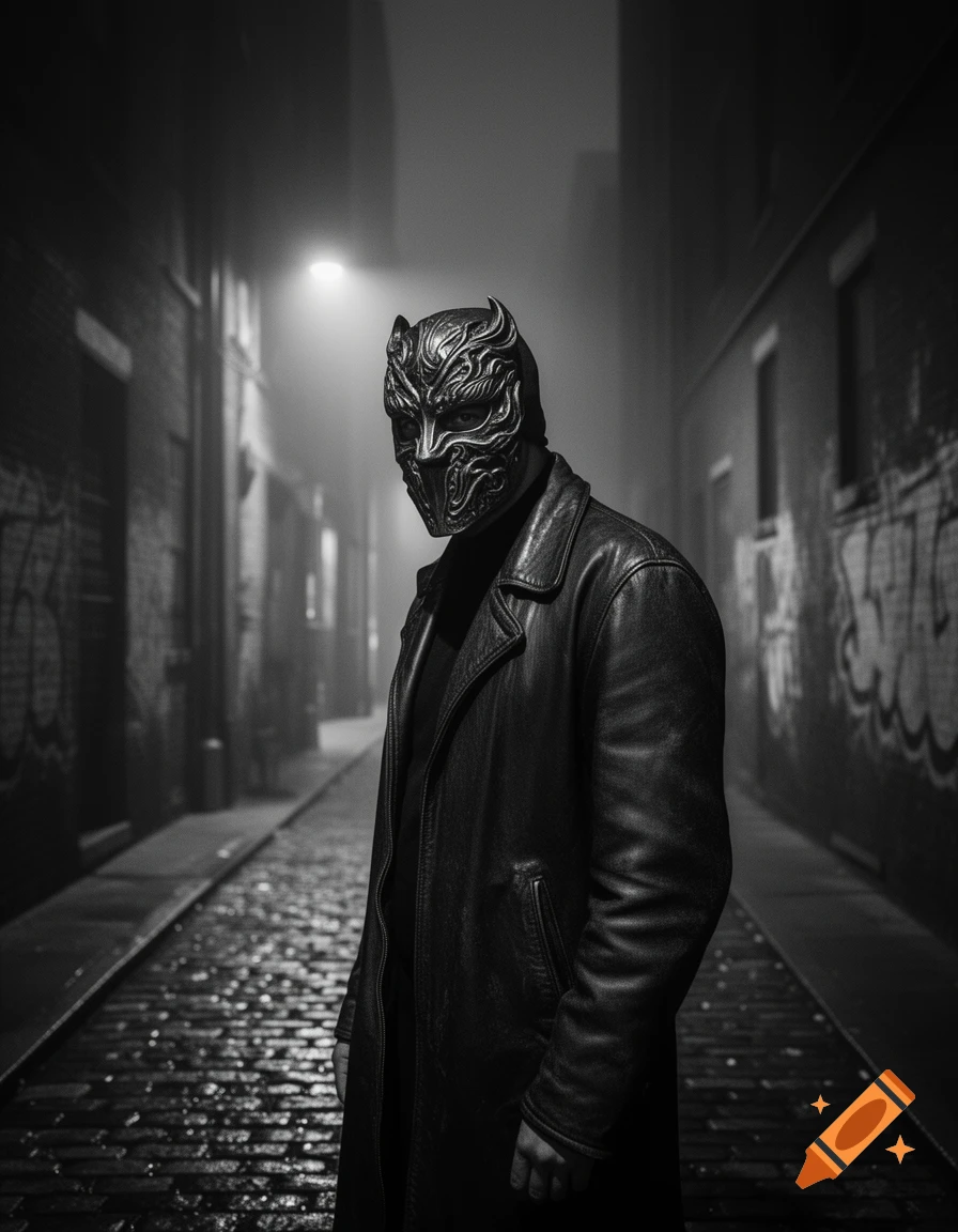 A masked figure in a long coat stands in a dark, foggy urban alleyway at night, in a black and white photograph.