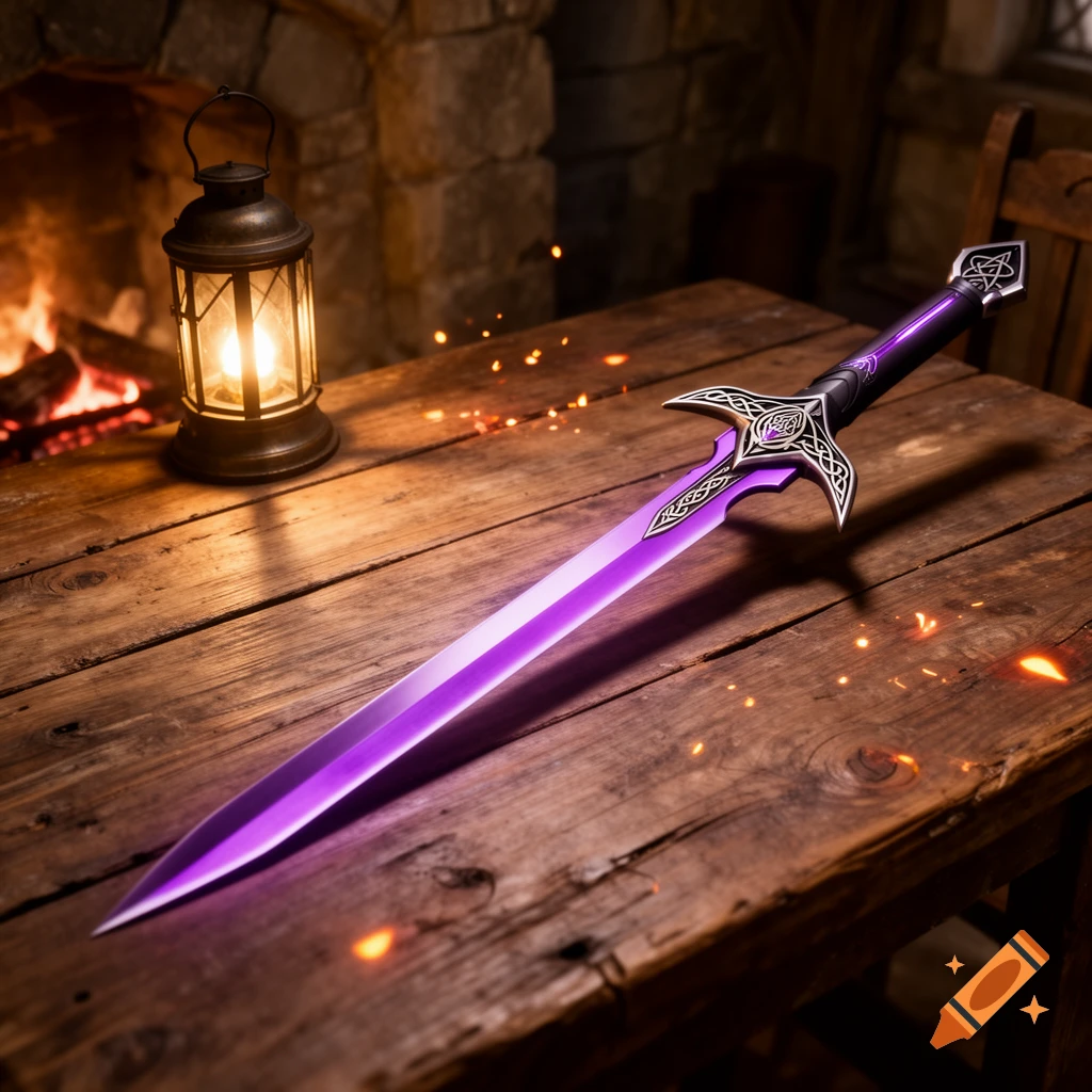 A glowing purple fantasy sword with ornate silver Celtic knot designs rests on a rustic wooden table by a lit lantern and a fireplace.