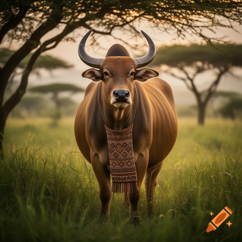 A photorealistic zebu with large horns and a patterned scarf stands in a grassy savanna at sunset.