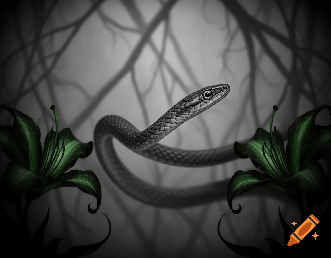 A monochrome vine snake with dark green gothic flowers on each side against a blurred, shadowy background.