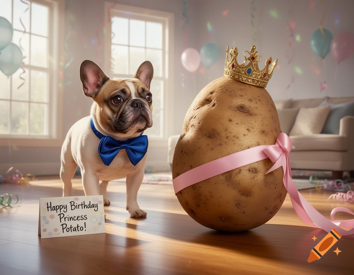 A French bulldog with a blue bow tie stands beside a large potato wearing a crown and pink ribbon in a festive room with a birthday card.