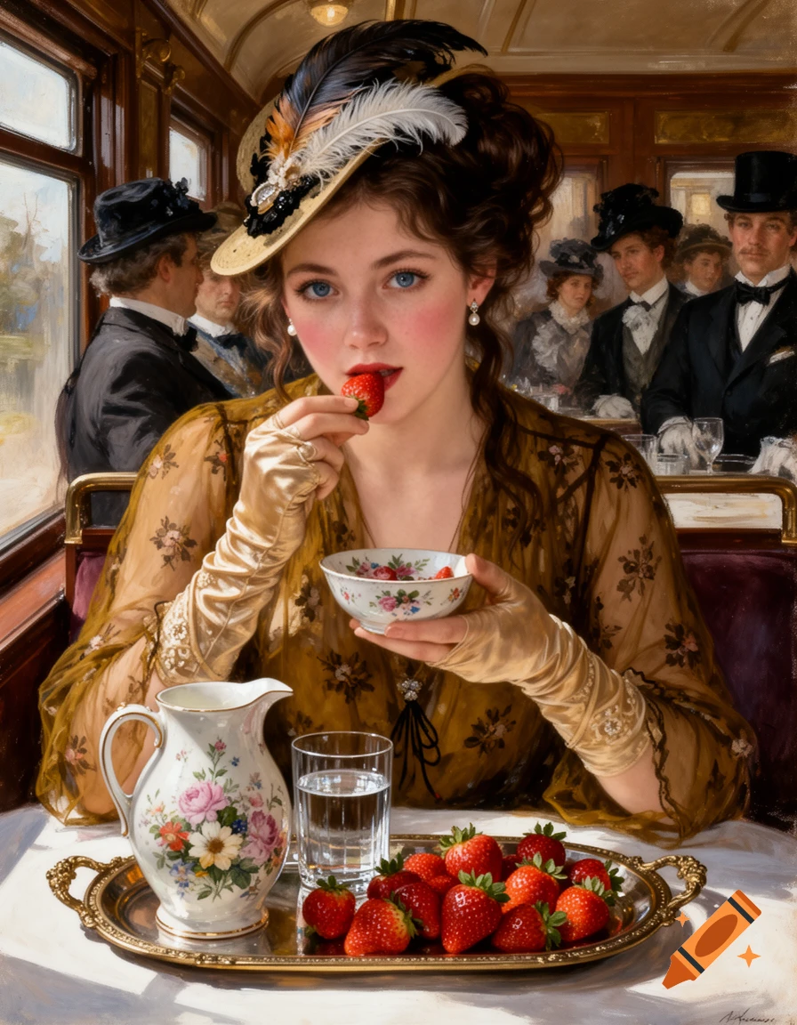 A young woman in Victorian attire eats a strawberry, looking at the viewer, inside a lavish train dining car. Oil painting.