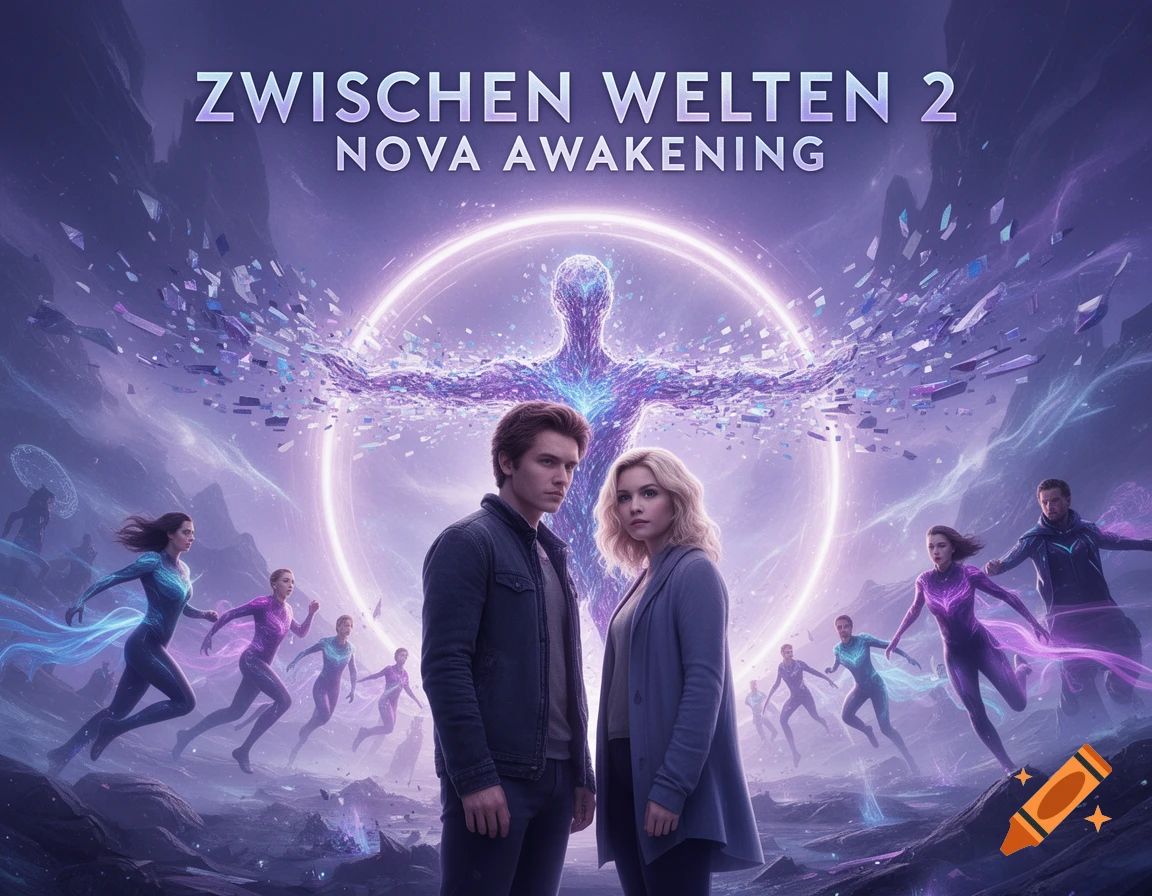 A man and woman stand in a mystical purple landscape with a glowing ethereal figure, digital fragments, and other dynamic figures, under the title 'ZWISCHEN WELTEN 2 NOVA AWAKENING'.