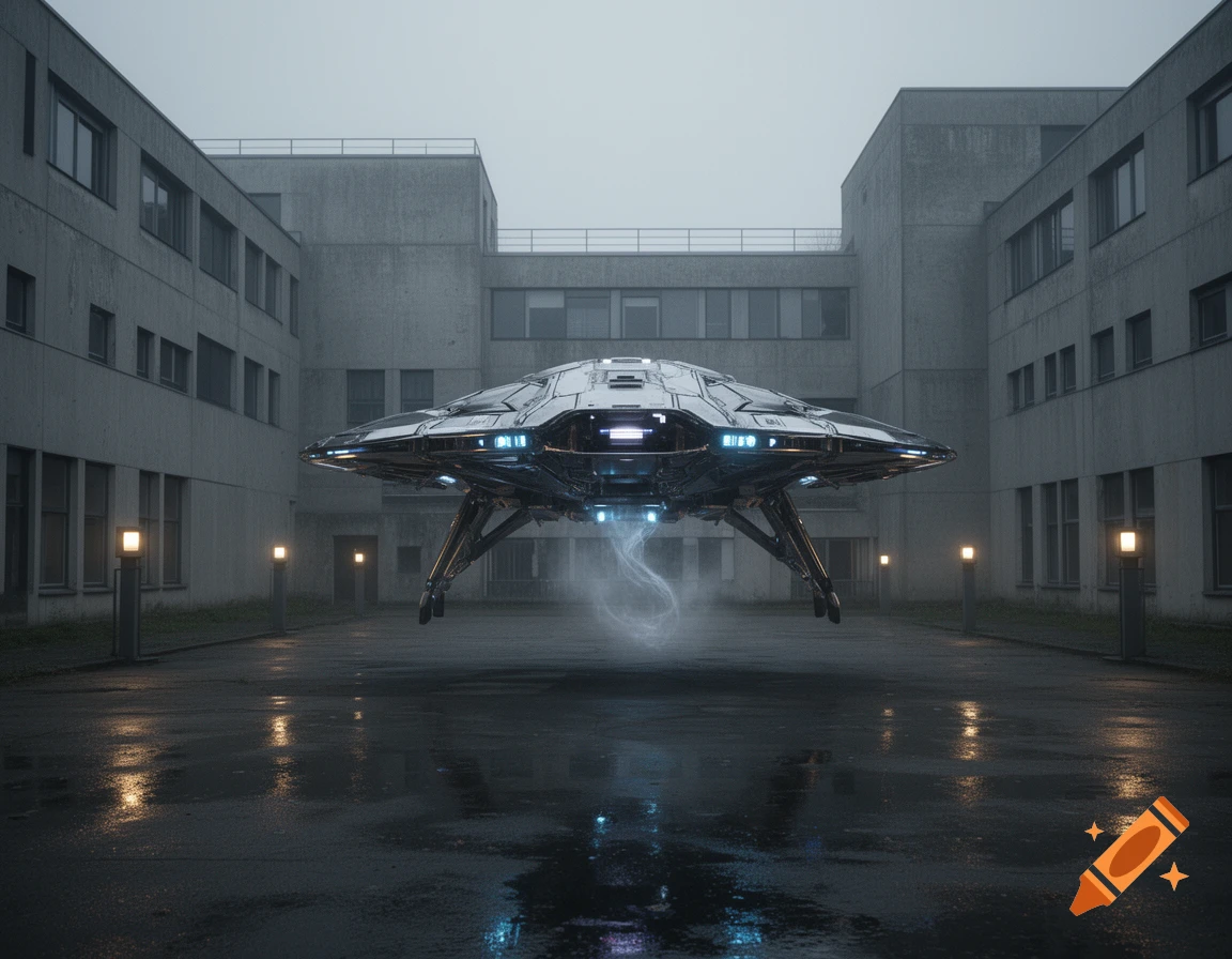 A futuristic spaceship hovers over a wet concrete courtyard between two stark grey buildings on an overcast day.