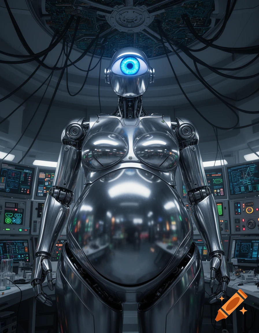 A silver female robot with a large chest, big belly, and a glowing blue eye stands in a futuristic lab filled with screens.