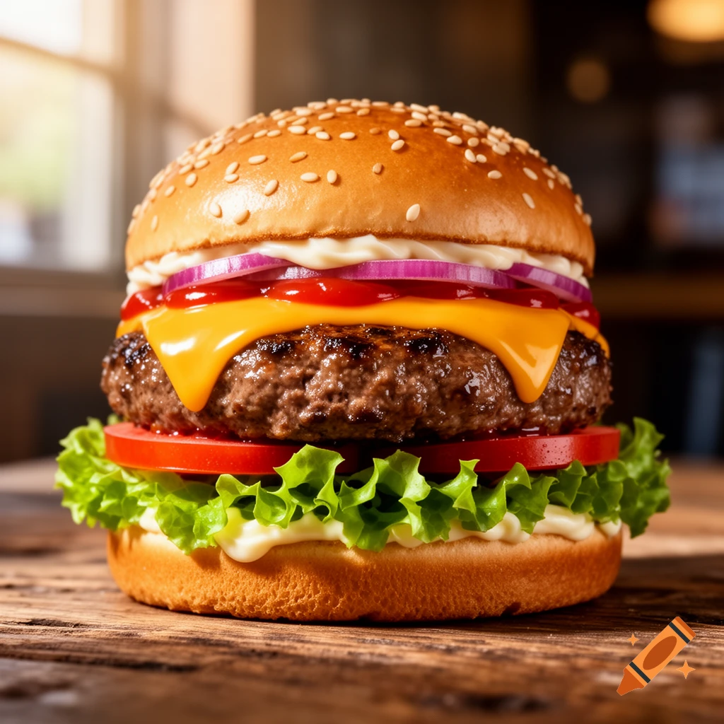 A close-up, photorealistic hamburger with a juicy patty, melted cheese, lettuce, tomato, red onion, and white sauce on a sesame bun, on a wooden table.
