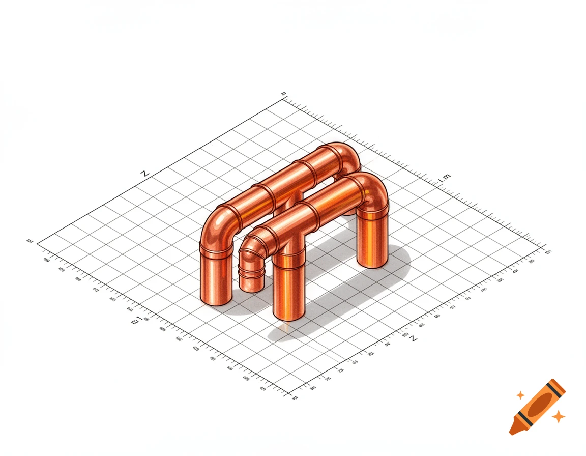 Isometric view of copper pipes with bends and vertical sections on a technical grid with Z-axis and 1-meter scale markings.