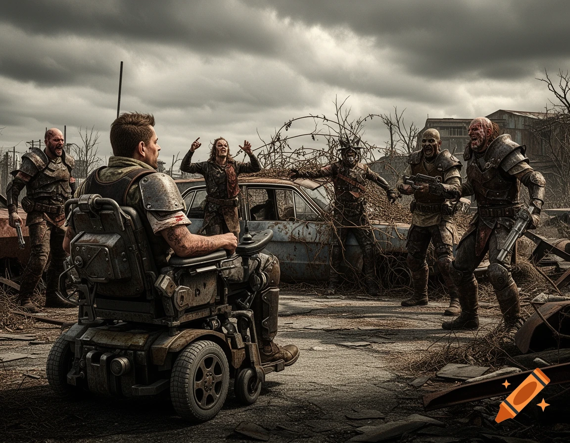 A person in a combat wheelchair confronts aggressive raiders in a desolate, post-apocalyptic wasteland under a stormy sky.