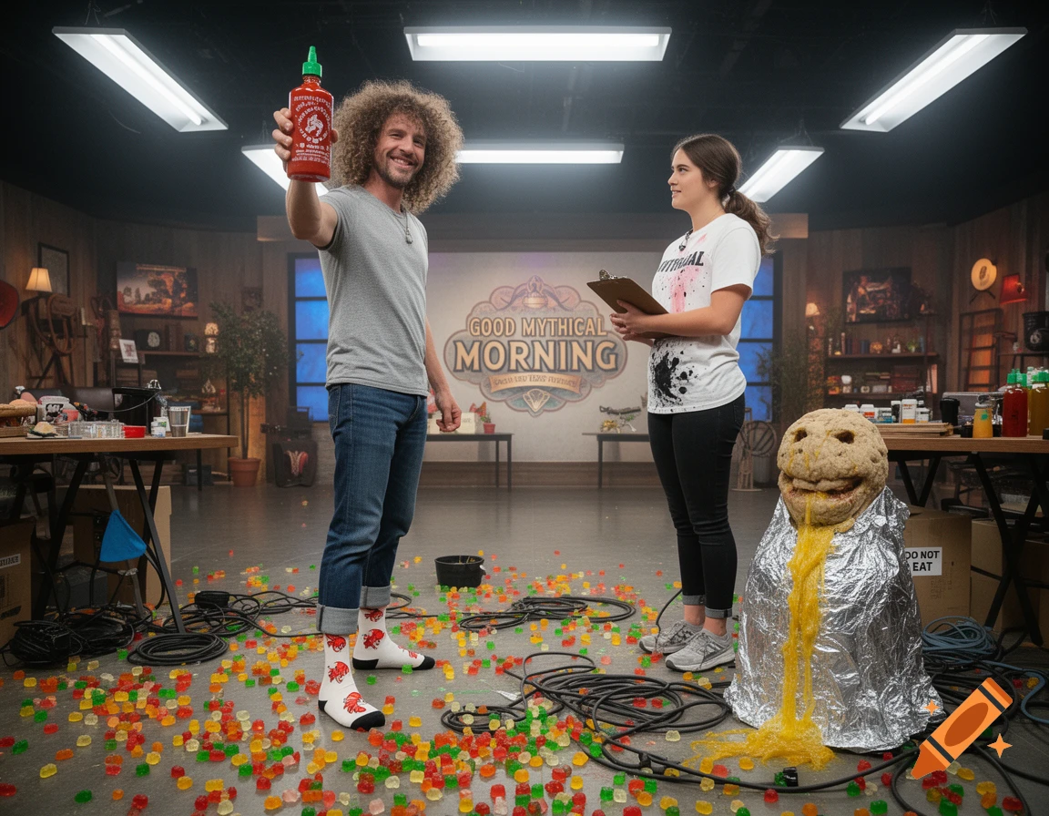 Rhett holds up a Sriracha bottle in a messy studio with gummy bears, cables, and an intern, next to a foil-wrapped prop oozing yellow liquid.