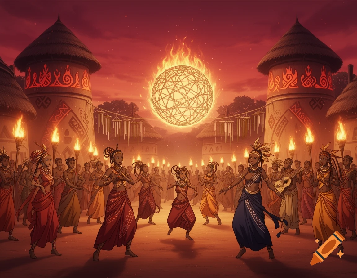 Vibrant illustration of an African fantasy village celebration at sunset with people dancing, torches, and a glowing fiery orb.