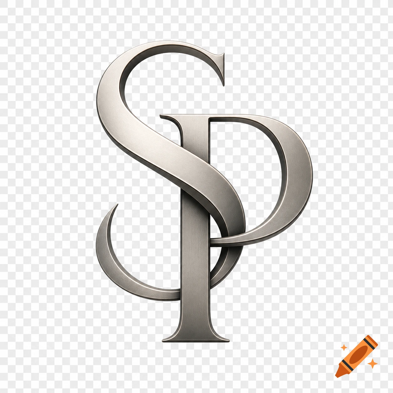A metallic silver monogram logo featuring the intertwined letters 'S' and 'P' on a transparent background.