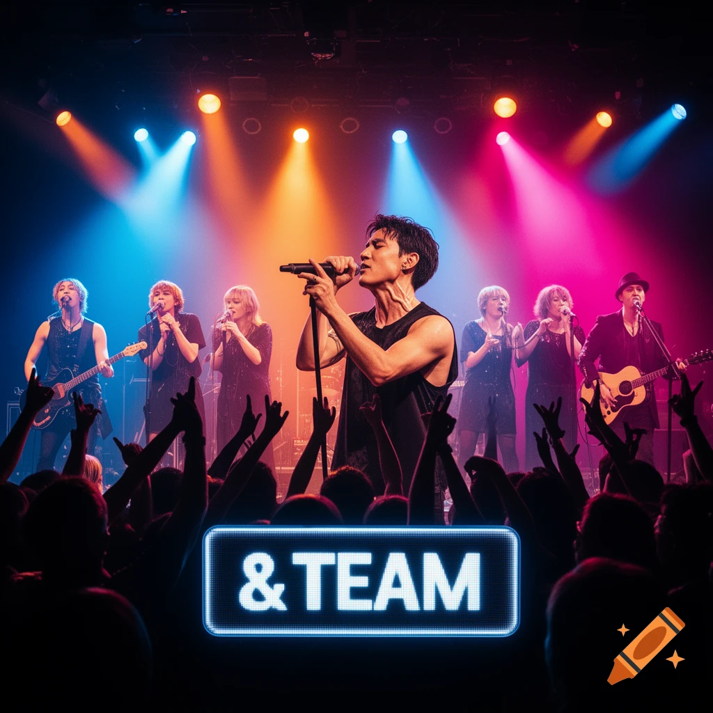 A band performs on stage under vibrant blue, orange, and pink spotlights, with an audience and a glowing '&TEAM' sign.