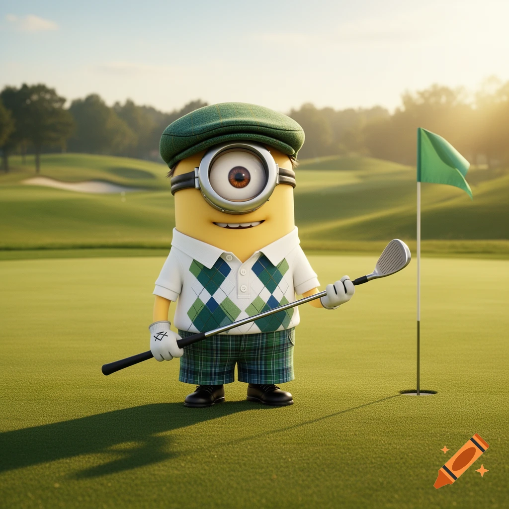A 3D rendering of a Minion in a green golf cap, argyle polo, and plaid shorts, holding a golf club on a sunny golf course.