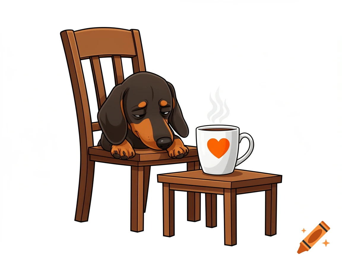 Vector cartoon of a tired dachshund puppy on a chair, head resting on a table next to a steaming coffee mug with a heart.