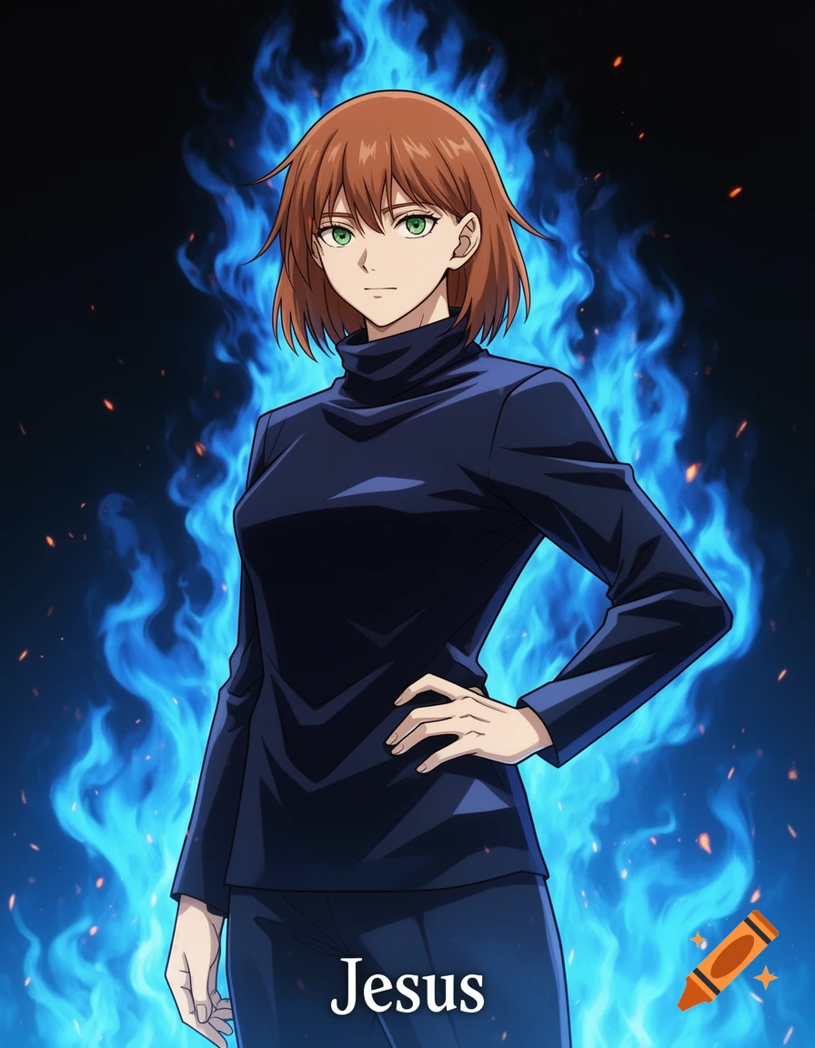 Anime woman with brown hair and green eyes in a black turtleneck, surrounded by blue flames, with 'Jesus' written below.