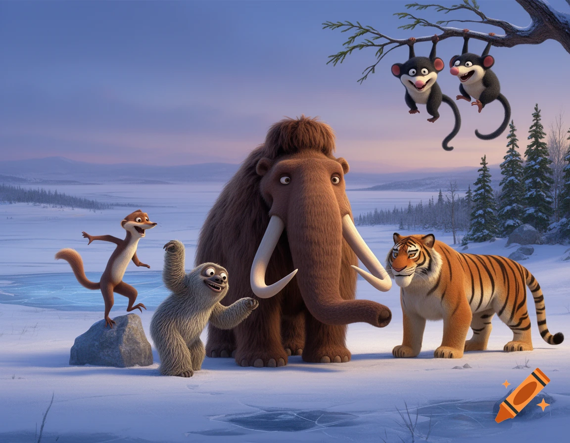 Cartoon characters from Ice Age, including a mammoth, sloth, saber-toothed tiger, weasel, and two opossums, in a snowy landscape.