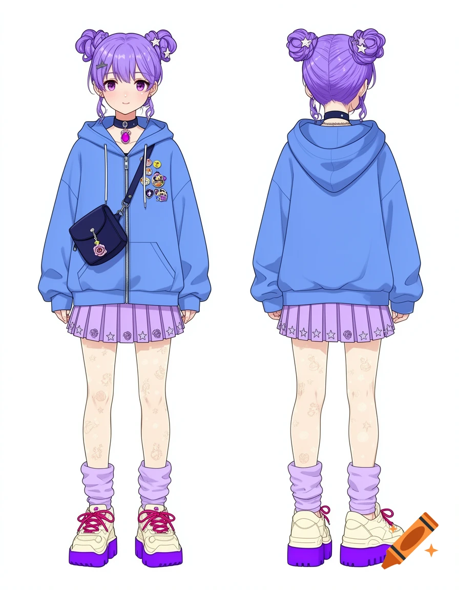 Anime character sheet, front and back, of a young woman in a Y3K streetwear outfit with a blue hoodie, lavender skirt, and purple twin buns.
