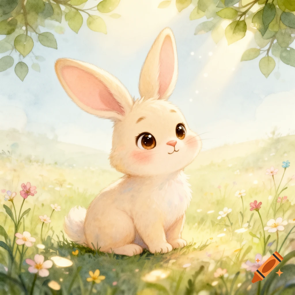 Adorable cartoon bunny with big eyes sitting in a sunny green field with wildflowers, watercolor style.