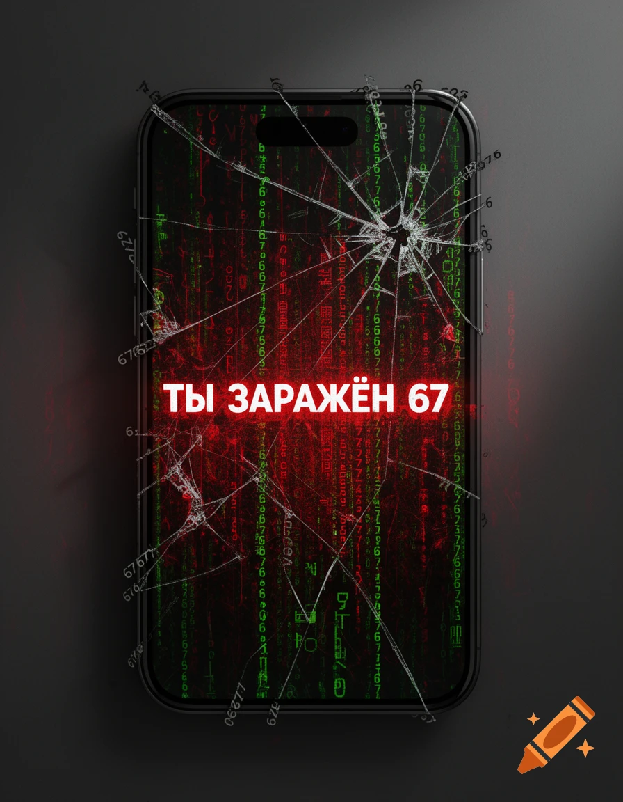 A smartphone with a cracked screen displays red glowing text "YOU ARE INFECTED 67" over green and red matrix-like code.