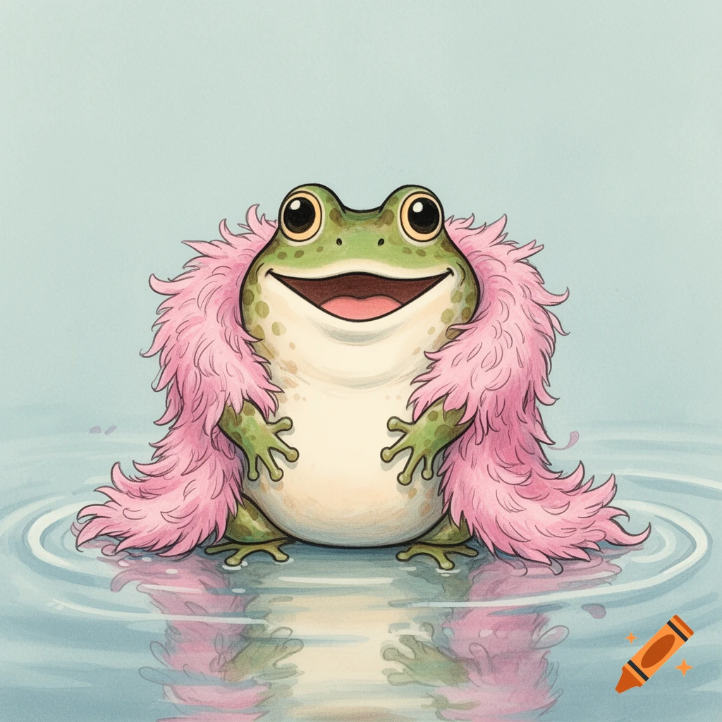 A smiling green cartoon frog wearing a fluffy pink feather boa sits in calm water with a reflection.