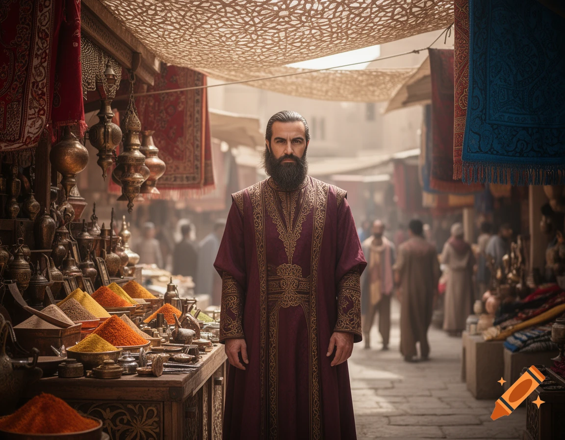 A man with a dark beard in a maroon and gold embroidered robe stands in a bustling, sunlit marketplace with spice stalls.