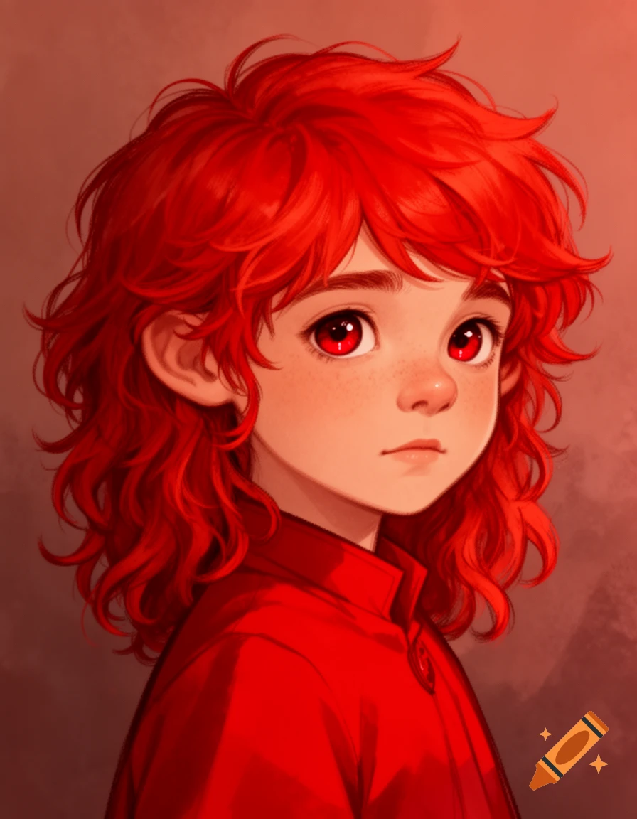 An illustration of a young person with vibrant red curly hair, red eyes, and freckles, wearing a red shirt.