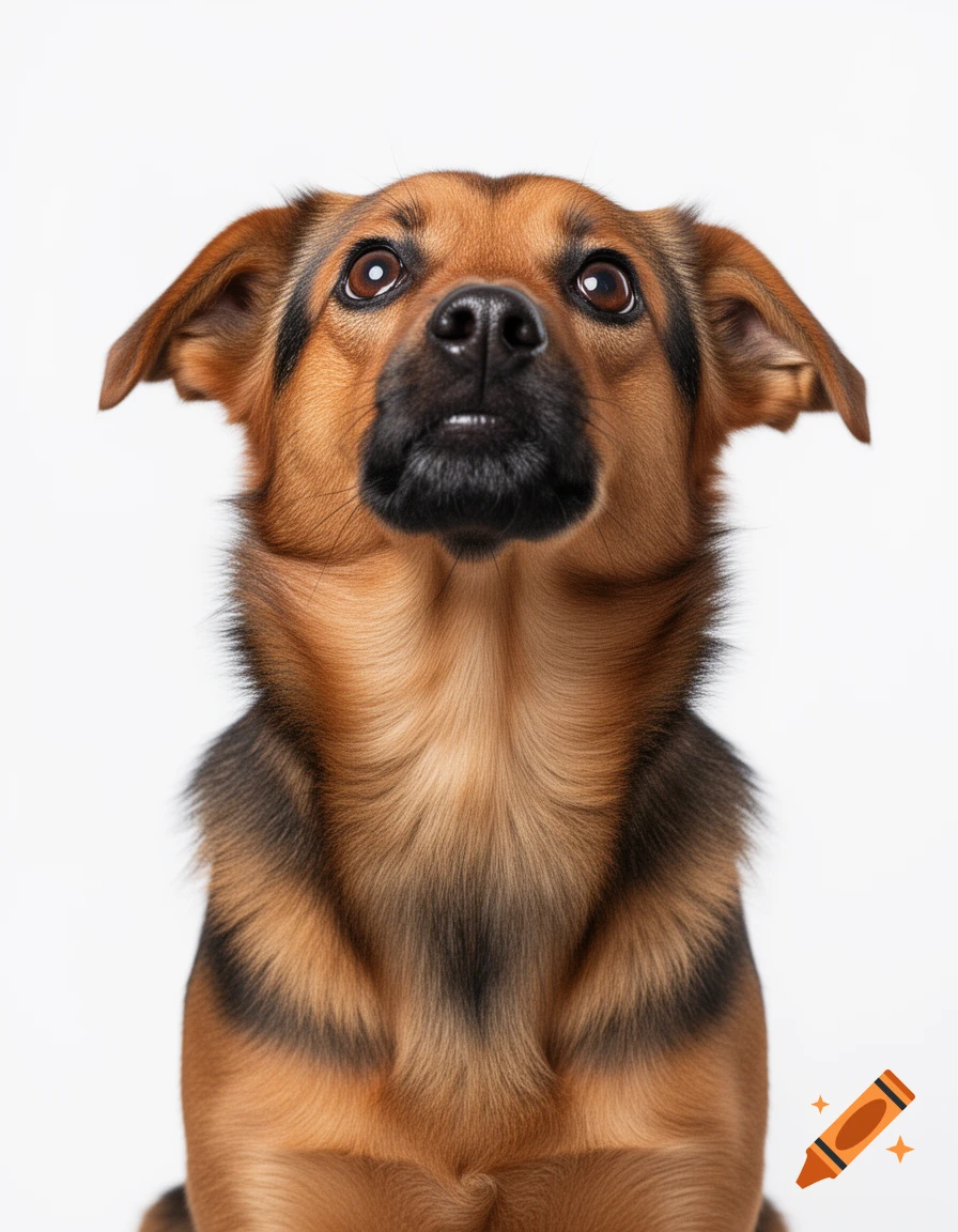 A photorealistic portrait of a brown and black dog looking up with a cute expression against a white background.