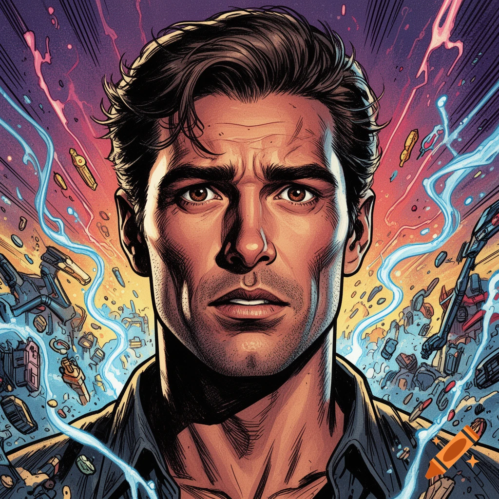 A close-up, comic-style illustration of a man with brown hair and serious expression, surrounded by abstract energy and debris.