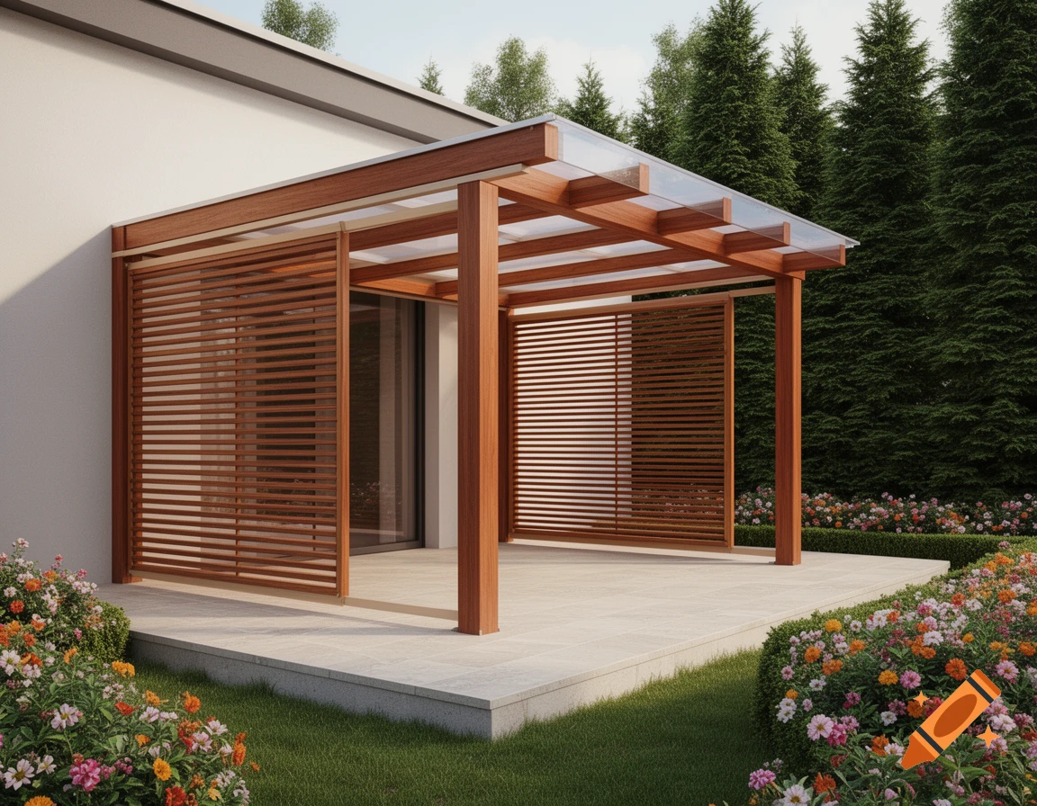 A modern wooden pergola with a clear roof and slatted side walls, attached to a white house, surrounded by vibrant flower beds and evergreen trees.