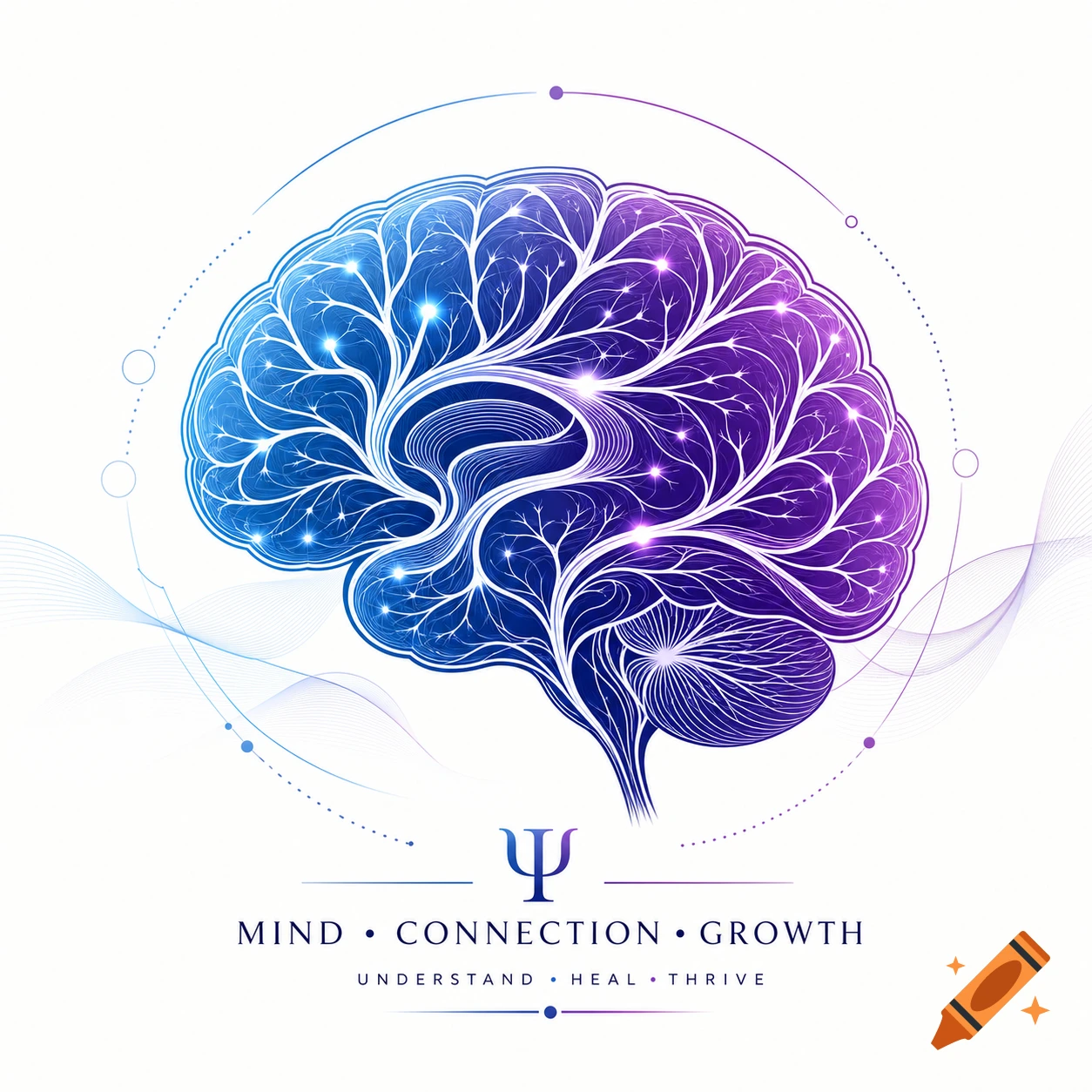 Stylized blue and purple brain logo with glowing neural connections, text 'MIND CONNECTION GROWTH' and 'UNDERSTAND HEAL THRIVE'.