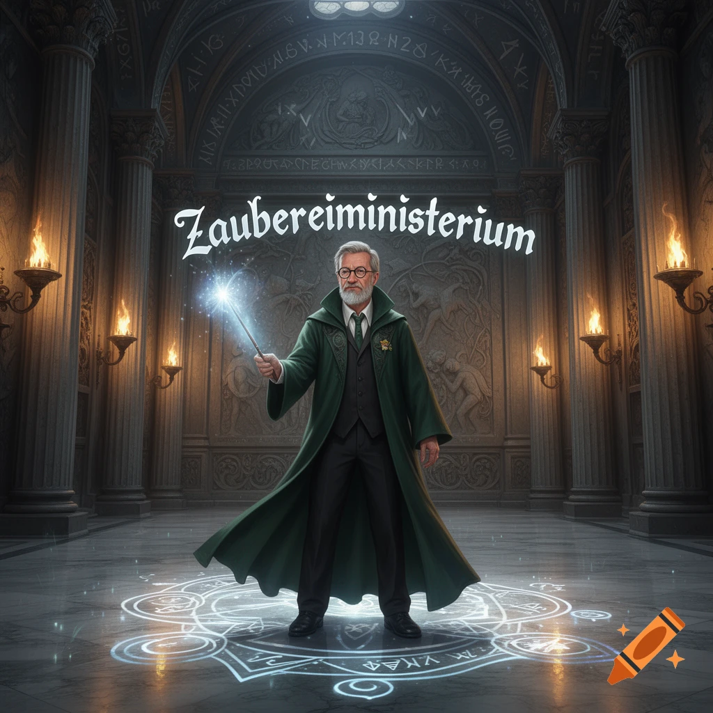 A middle-aged wizard in a green coat holds a glowing wand in a grand magical hall with Zaubereiministerium written on the wall, fantasy art style.