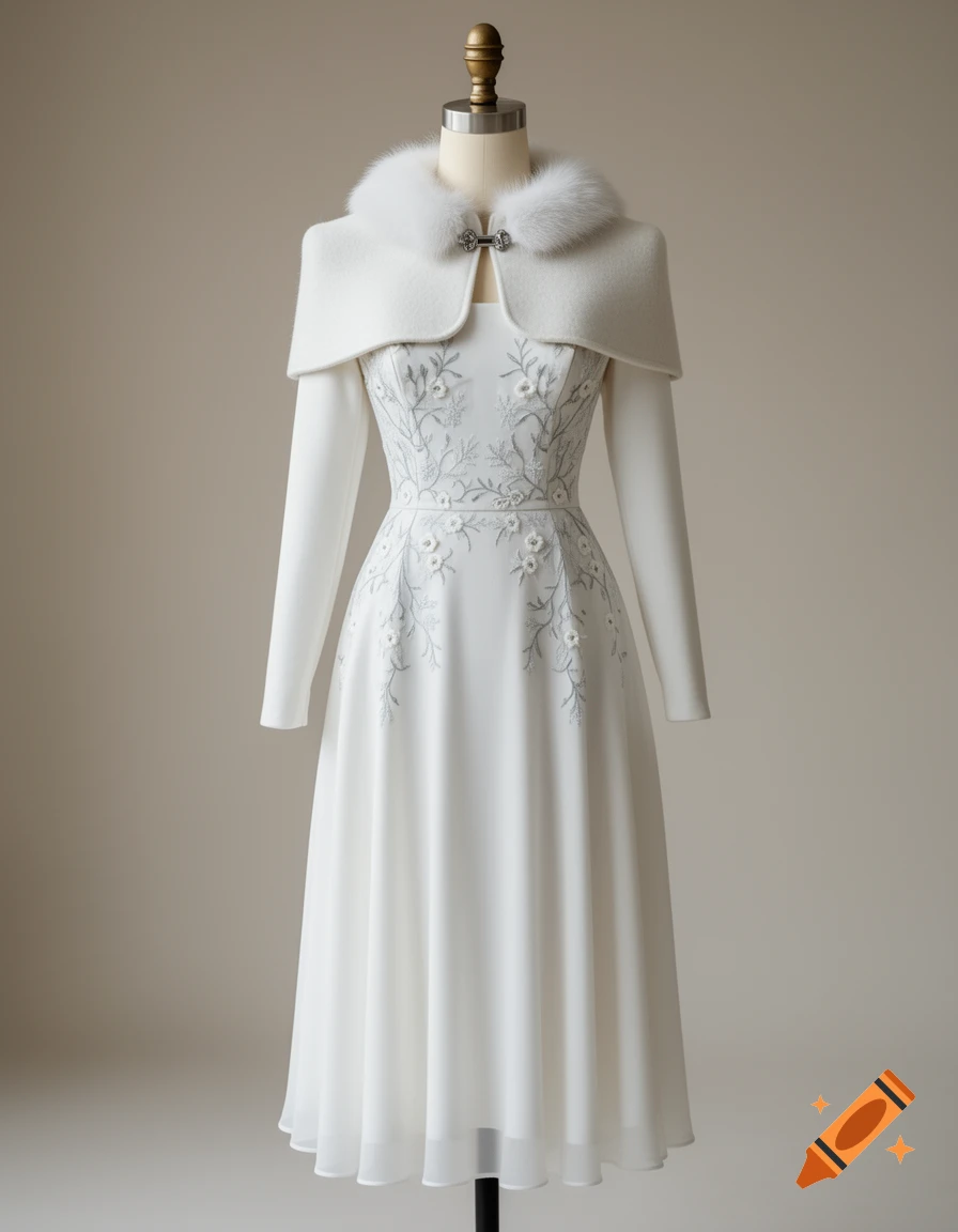 A white romantic Northern-inspired wedding dress with long sleeves, delicate embroidery, and a fur-trimmed capelet displayed on a tailor's mannequin.