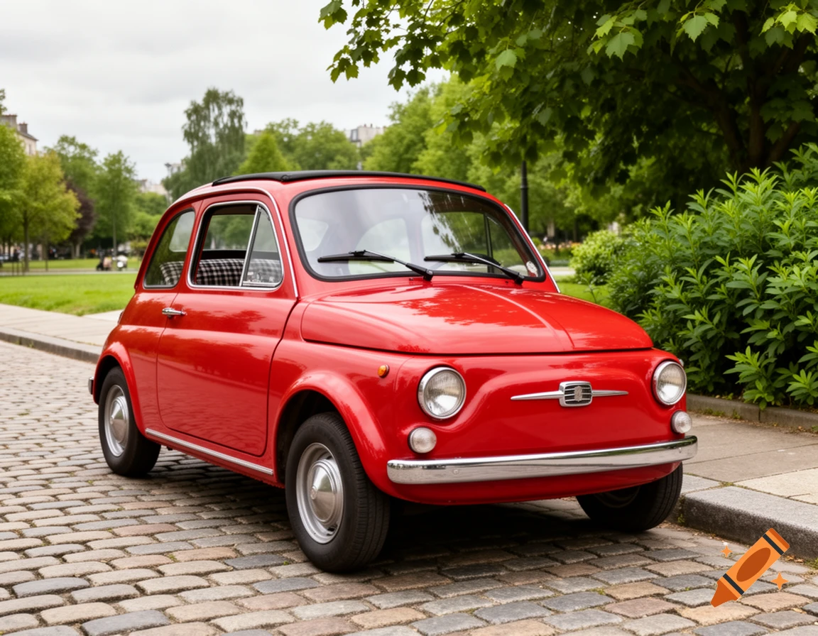 A bright red vintage Fiat 500 car parked on a cobblestone street, surrounded by green trees and foliage.